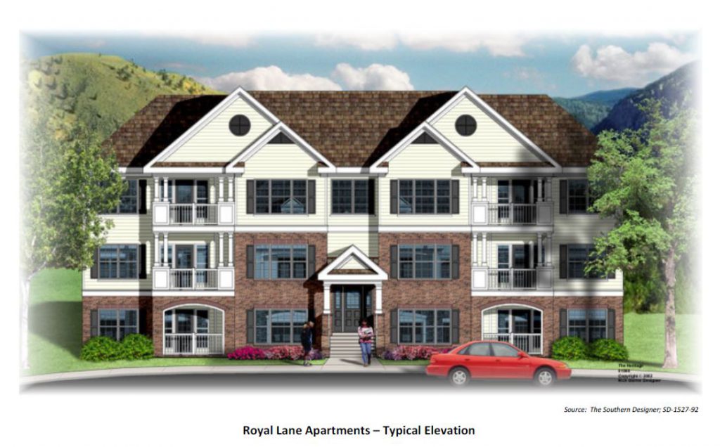 Architect's drawing of a Royal Lane Apartments ‘workforce housing’ building. Three of 12-unit buildings will be constructed on an 800-foot extension of dead-end Royal Lane, on Front Royal's south side.
