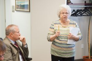 As County Administrator Doug Stanley listens, Warren County Treasurer Wanda Bryant explains her Budget proposal. She is seeking funding for an additional staff position to help collect Delinquent County Real Estate Taxes within one year, before they are turned over to a contracted law firm, which can collect a 20% share of collected taxes as a fee.