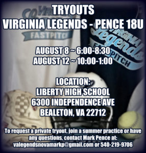 Virginia Legends – Pence 18U | 2018-19 Fast-pitch Tryouts @ Liberty High School